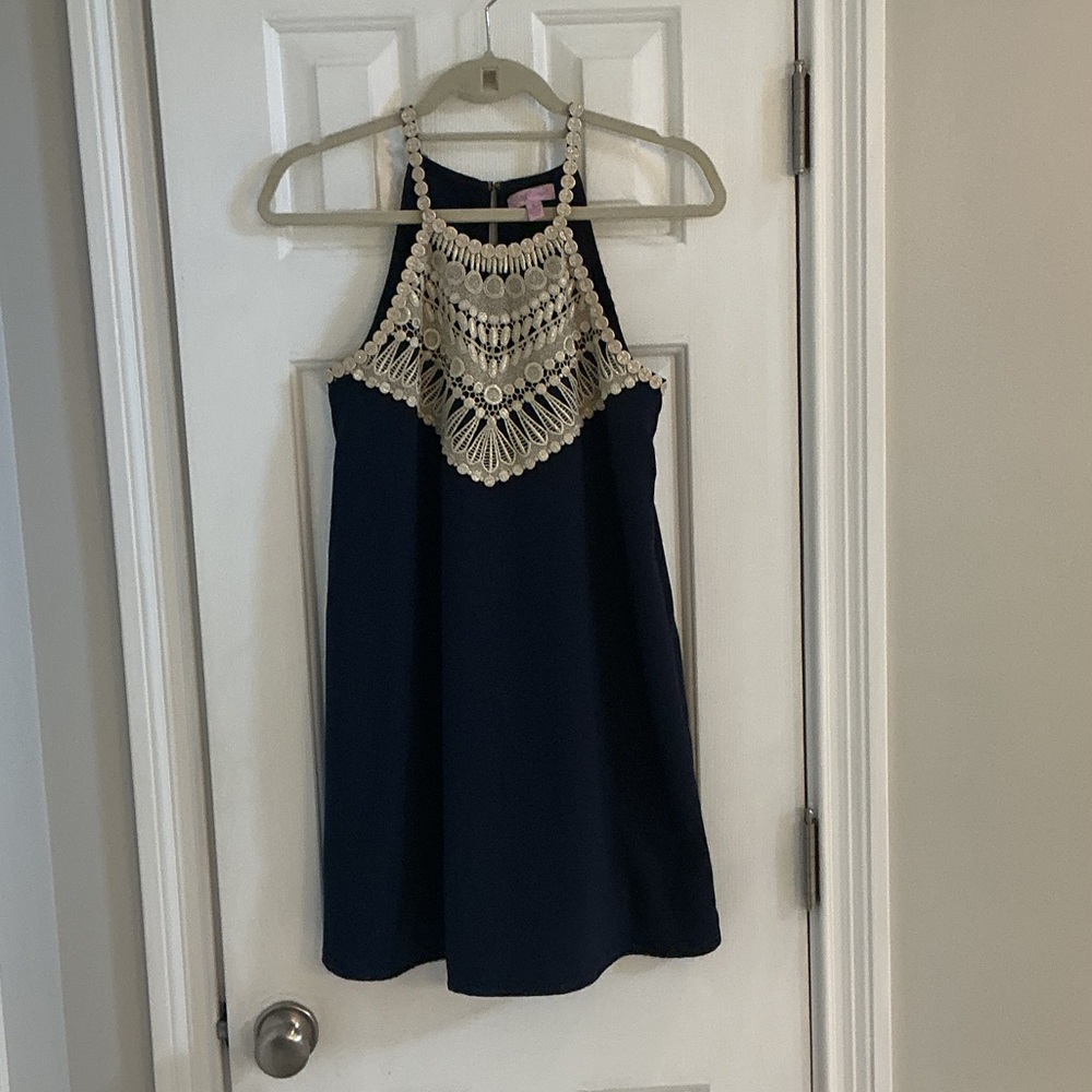 Lily Pulitzer Navy Sleeveless Dress w/ Champagne Metallic Embroidery